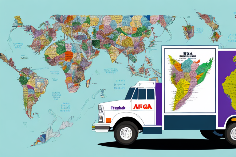 A delivery truck featuring Frete da África and AFCA logos is parked, with a vibrant world map emphasizing Africa on the wall behind it. The trucks open back door reveals a partial map of Africa, reminiscent of global services like FedEx Shipping offering worldwide connections.