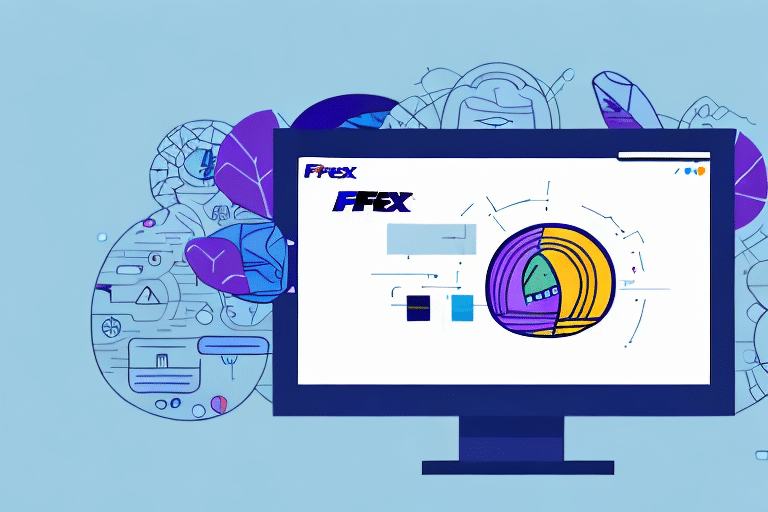 A computer monitor displays a website with a logo reading FFEX at the top. The screen presents colorful pie charts and graphs. Background elements suggest technology themes, blending illustrated gears and digital symbols on a blue backdrop, reminiscent of FedEx Ship Managers interface solutions.