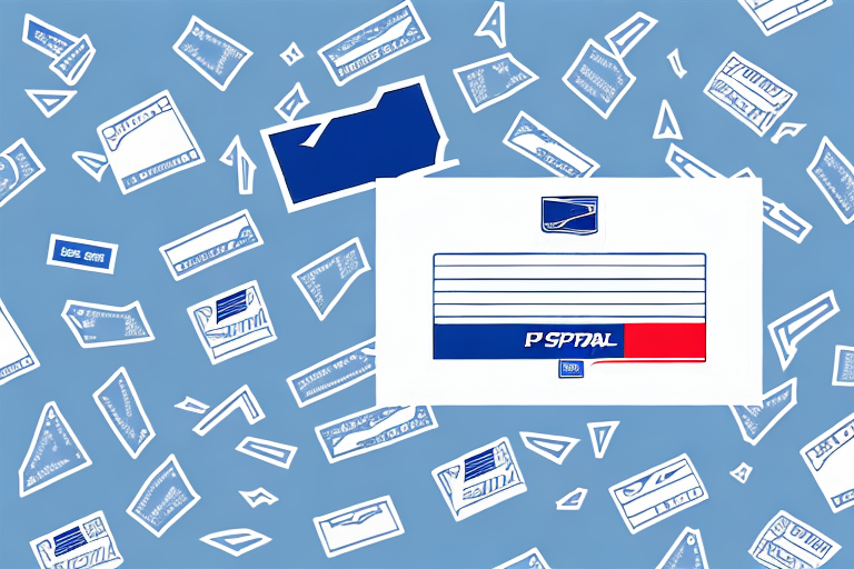 A blue and white postal-themed background with various envelopes and stamps features prominently, including a large envelope with blue lines and the word POSTAL at the center. Among the elements, USPS Priority Mail Insurance adds a layer of security to your deliveries.