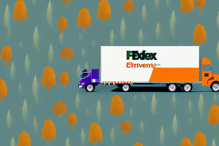 Illustration of a truck with a FedEx Entrego logo on a blue-green background with orange tree patterns. The truck, vibrant in its purple and orange hues, drives to the right, embodying the spirit of Thanksgiving Day as it delivers parcels to their destinations.