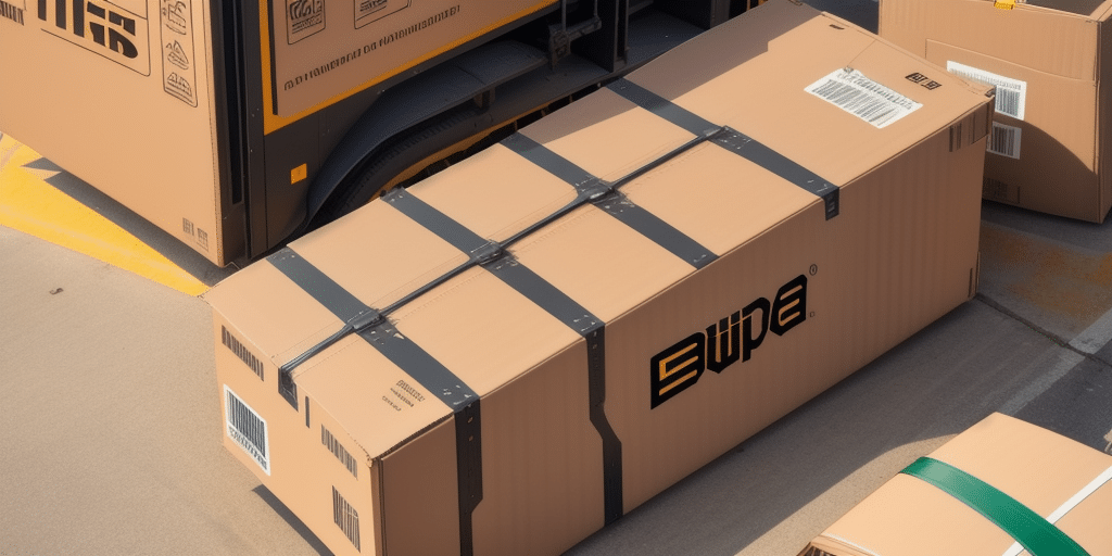 A large cardboard box labeled EWPE is secured with black straps beside a parked delivery truck, indicating an Order in transit. Boxes with similar packaging are stacked nearby, alongside some UPS Supplies, all suggesting a shipping process seamlessly orchestrated by WorldShip.