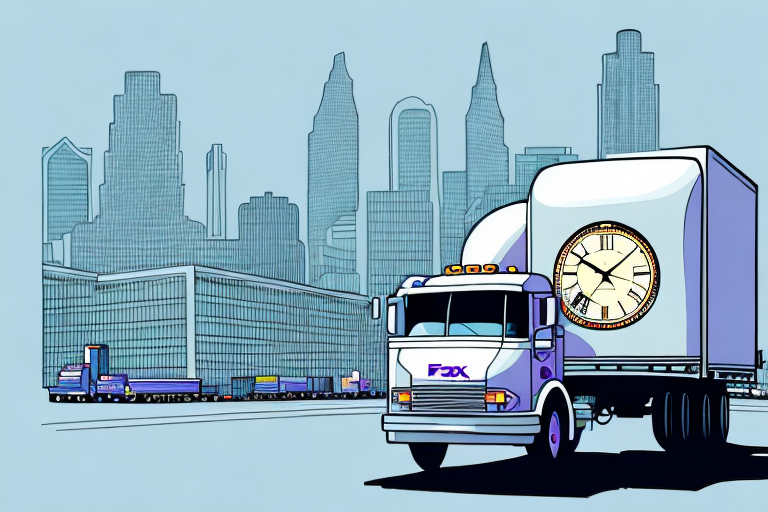 Illustration of a white FedEx truck with a large clock on its side, delivering packages on time as it drives down a city street. Skyscrapers and other trucks are visible in the background under a blue sky.