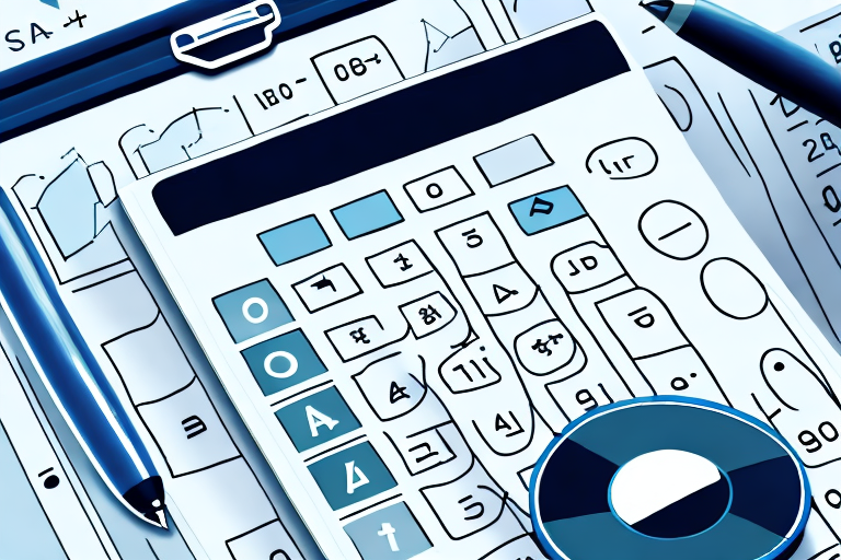 Illustration of a cost calculator with various buttons, surrounded by pens and paper. The calculator features a large display and multiple function keys, placed atop mathematical and financial documents, cleverly hinting at USPS insurance cost calculations.