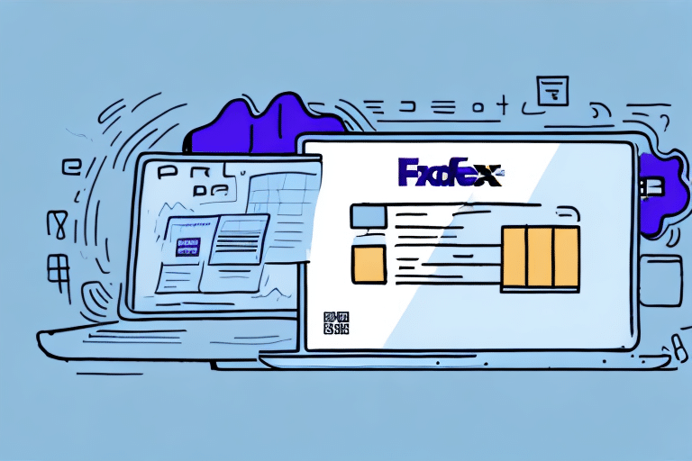 Illustration of a laptop screen displaying digital charts and graphs, next to a large package labeled FixEx with shipping labels. The scene subtly incorporates FedEx Ship Manager, enhancing the digital essence. In the background, abstract data elements in varying shades of blue add depth.