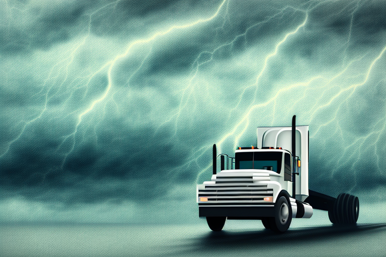 A white semi-truck drives along a road under a stormy sky, with bright, jagged lightning bolts slicing through the clouds. The scene conveys a sense of intensity and urgency as the vehicle battles weather delays amidst the ominous conditions.