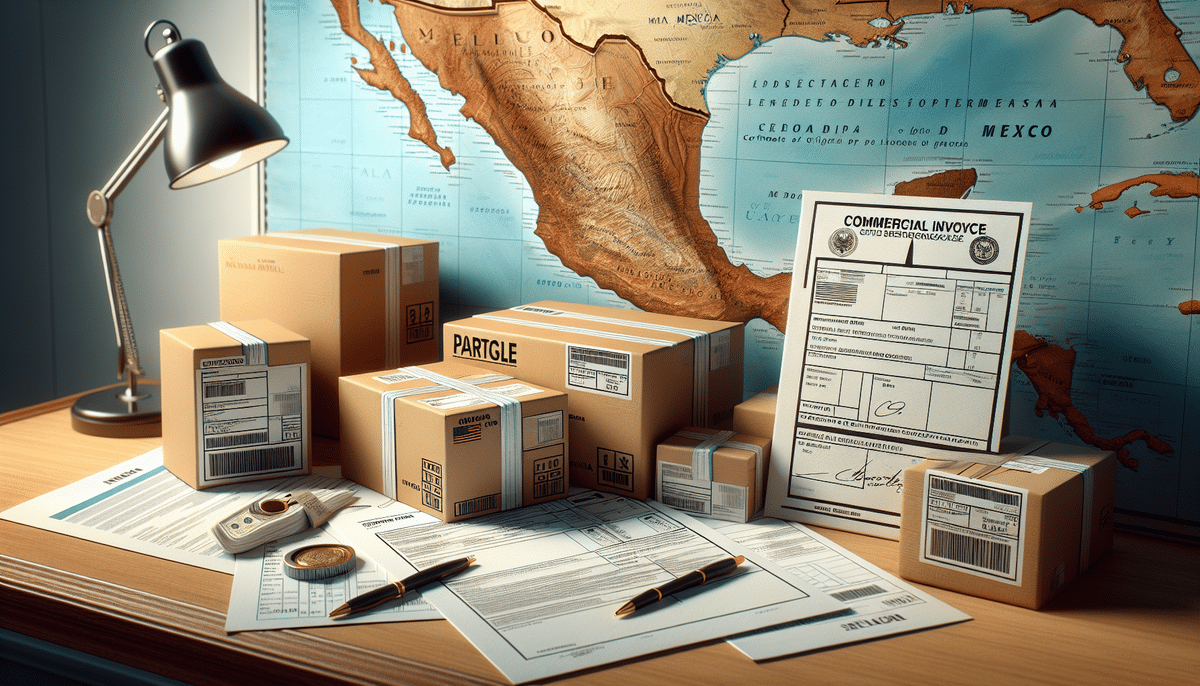 A desk displays various shipping boxes with labels, a commercial invoice, a pen, and a magnifying glass. A desk lamp illuminates a map of Mexico in the background, underscoring the context of international shipping logistics with UPS Standard services.