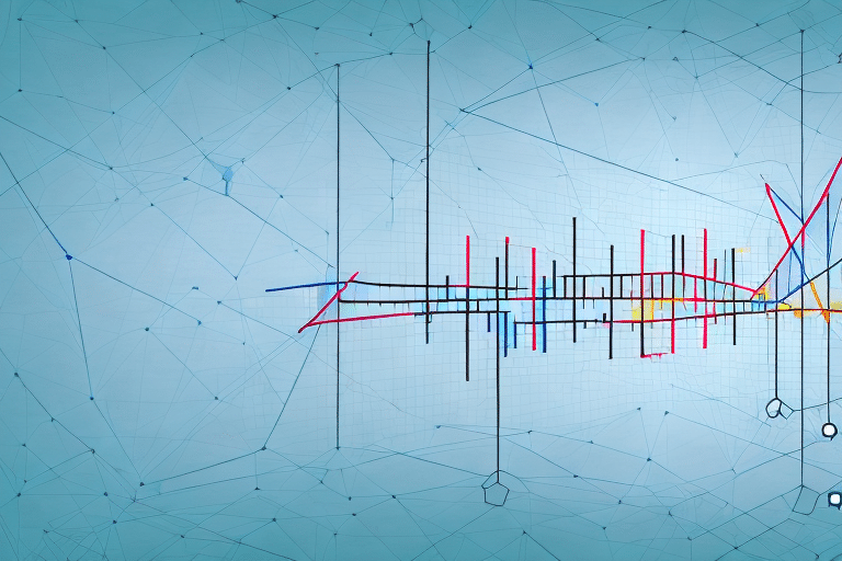 A complex graph with intersecting lines in blue, red, and yellow on a light blue background showcases strategies for business growth. Overlaid with geometric nodes and connected lines, it creates an abstract, dynamic visual effect that hints at optimization techniques.