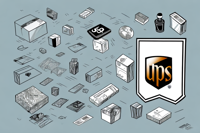 Illustration of various packages and envelopes scattered around a large UPS logo, depicting the essence of safe delivery. Items include boxes, padded envelopes, and miscellaneous small parcels on a light blue background, adhering to UPS packaging guidelines.