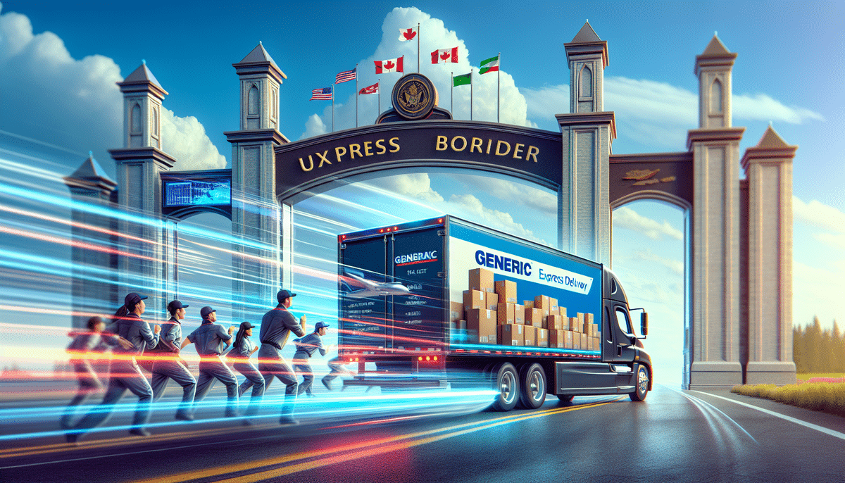A truck marked Generic Express Delivery speeds through a border crossing, packages in tow, pursued by people. The archway flaunts flags from the USA and Canada. The dynamic scene, reminiscent of UPS Worldwide Express Saver, suggests urgency in shipping to Canada.