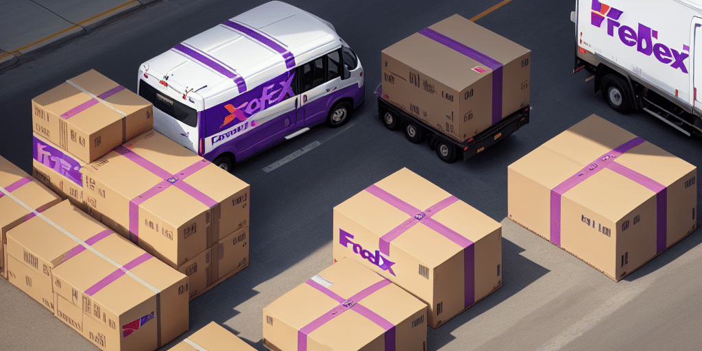 Aerial view of a bustling street reveals several large cardboard boxes and delivery vehicles. The purple and white-branded vans and trucks, reminiscent of FedEx Ship Manager, maneuver through the scene, while workers troubleshoot an update error amidst active parcel shipping.