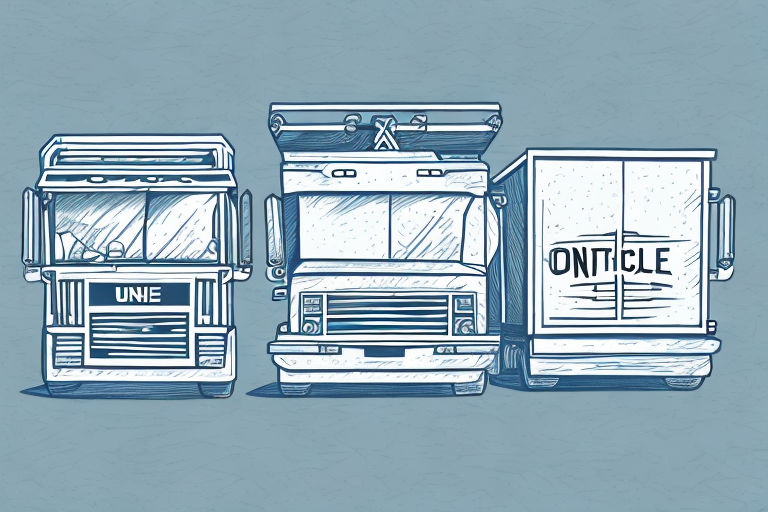 Illustration of three outlined trucks lined up against a textured blue background. The first truck, labeled UNE, and the last truck, labeled ONTICLE, flank the central one, which features a roof rack and spotlights. The scene evokes the efficiency of United Delivery Service (UDS).