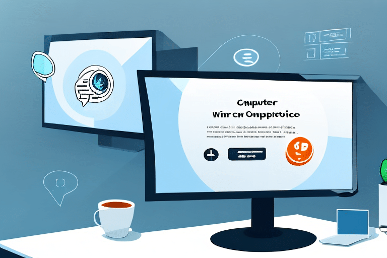 A computer monitor displays text on a computer virus, with an orange shield icon symbolizing security. On the desk, theres a coffee cup and a plant. A second screen in the background shows a magnifying glass, a speech bubble icon, and UPS WorldShip ready for live chat support.