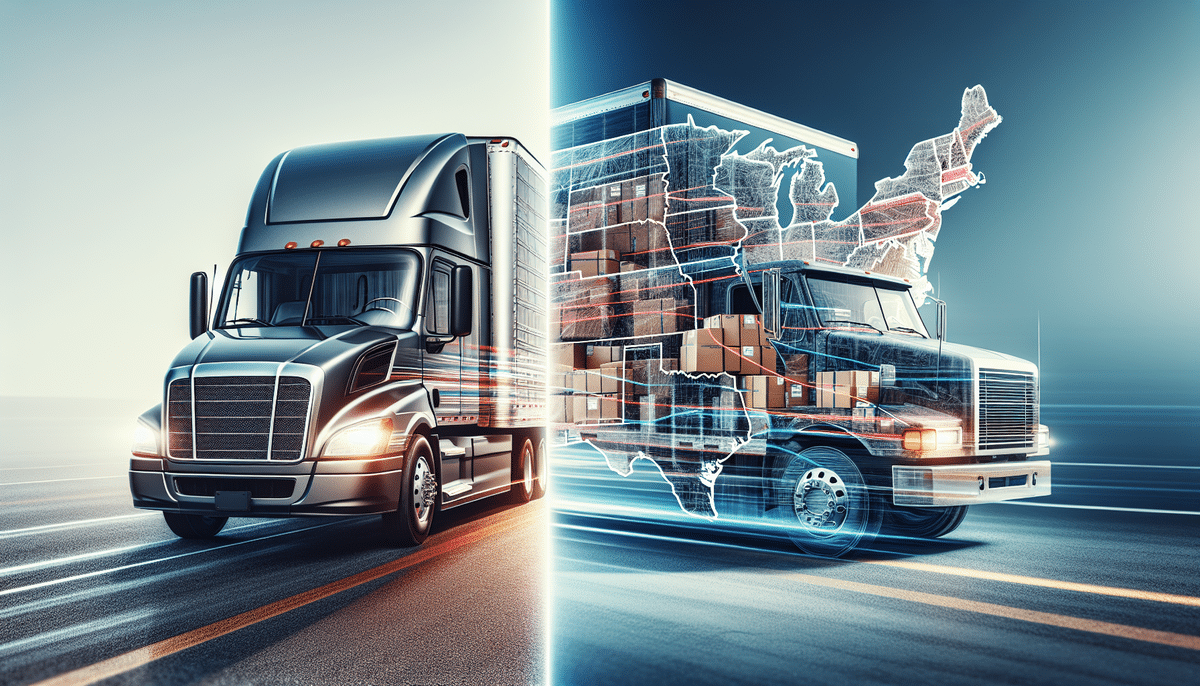 A digital composite image of a semi-truck on the left and a truck overlaid with a transparent U.S. map on the right, filled with digital cargo boxes, illustrates logistics and transportation technology. This visual captures the essence of modern solutions like those employed by USPS for efficient delivery.