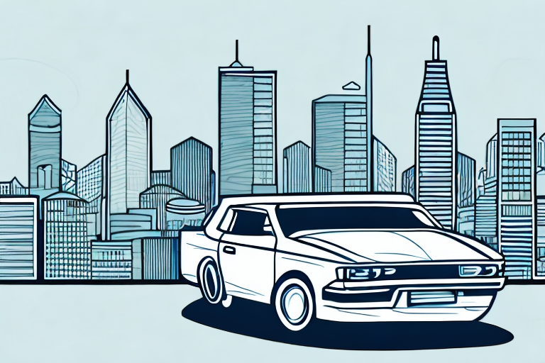 Illustration of a classic car driven by a dropoff driver in the foreground, with a stylized city skyline featuring modern architectural designs in the background. The scene, set against a light blue sky, subtly hints at urban life where average pay varies with every mile.