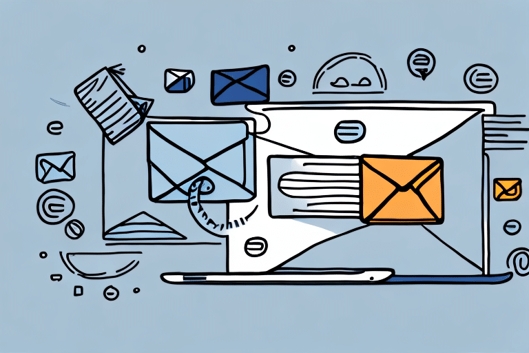 Illustration of a laptop with emails flying around it, enhanced by an email notification popping up. Various envelopes symbolize incoming and outgoing messages, set against a light blue background. Icons of message bubbles and clouds are scattered throughout, indicating communication and connectivity.