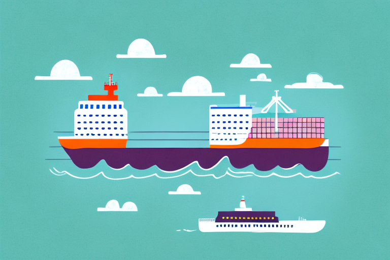 Illustration of two ships on the ocean: a larger container ship carrying colorful cargo and a smaller ferry below, embody the basics of maritime transport. Both are set against a teal sky with scattered white clouds, offering an understanding of FOB Origin practices.