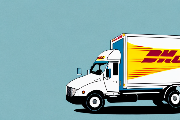 An illustration of a DHL delivery truck, proudly displaying its yellow and red logo on the side, set against a plain blue background. The image subtly hints at the efficiency that ensures every parcels journey is smooth, helping you avoid the need to learn how to make a claim.
