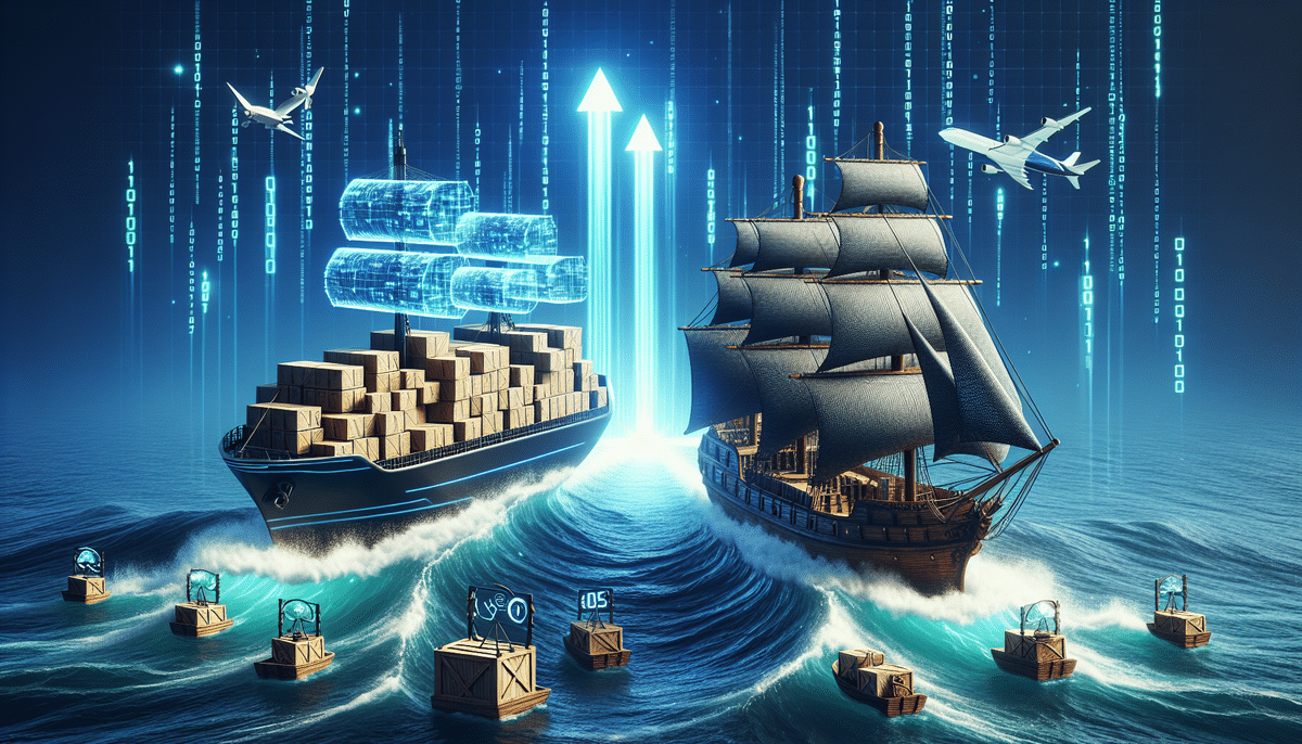 A modern cargo ship and a historic pirate ship navigate digital waters with floating data symbols. Airplanes fly above, and binary code streams in the background, symbolizing the evolution and digitization of maritime trade, powered by ShipRush.