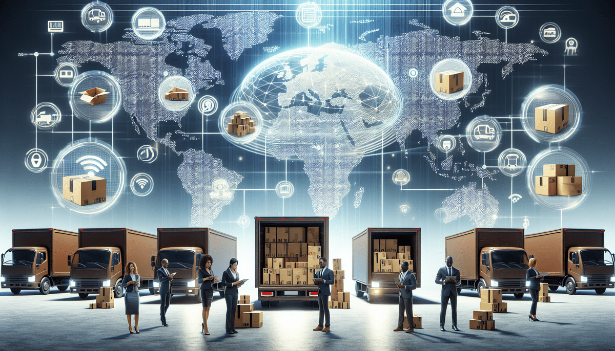 A group of people stands in front of delivery trucks with open backs revealing packed boxes. Above, a digital globe features icons like wireless signals and tablets, symbolizing UPSs role in global connectivity and ecommerce shipping. A world map serves as the backdrop.