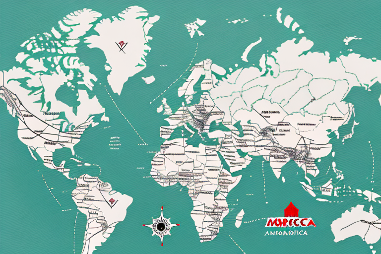 A world map with stylized train routes marked across continents, traveling from the bustling markets of Morocco to far-off lands. The map is on a teal background with white landmasses. Various cities are labeled, and a decorative compass rose is at the bottom center. The logo Moricca graces the bottom right.