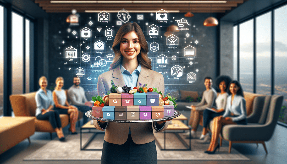 A woman in an office holds a tray with colorful gift boxes, illustrating customer retention efforts. Behind her, five people sit on couches, engaged in discussion. Floating business icons display in the background, hinting at innovative subscription models enhancing this corporate environment.