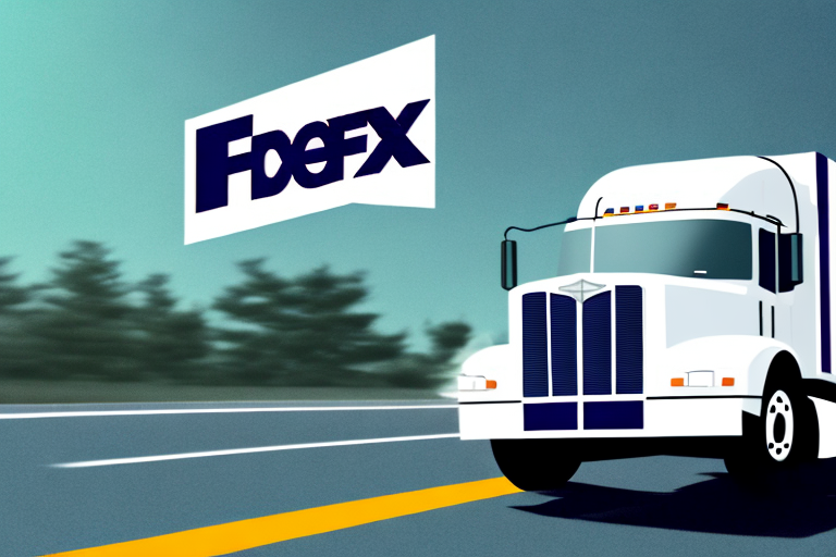 Illustration of a white semi-truck speeding along a highway, creating motion blur against a backdrop of trees and a blue sky. A whimsical sign reading Foefx playfully floats above, hinting at FedEx 3-Day Shipping efficiency.