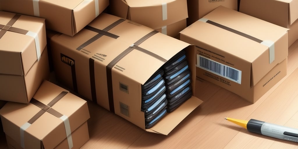 A pile of cardboard boxes, with one open box revealing neatly stacked smartphone boxes inside. A pen rests on the wooden floor beside the boxes, awaiting an update for a seamless dispatch using UPS WorldShip.
