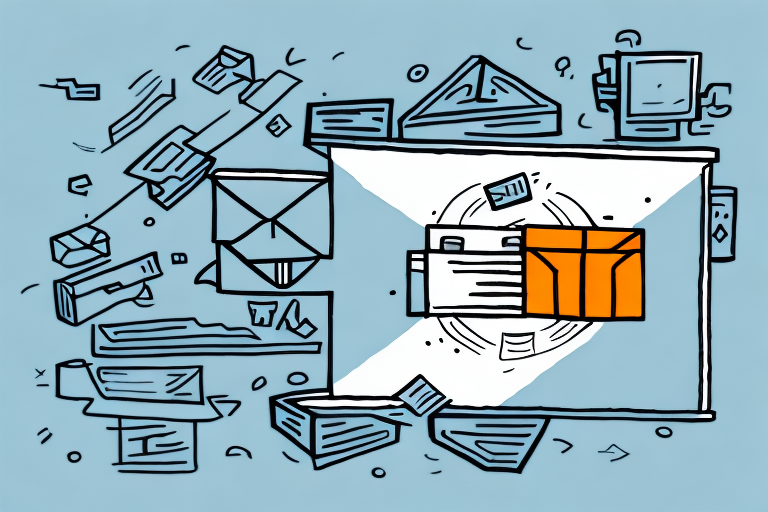 Illustration of an open envelope on a blue background with digital icons and abstract shapes surrounding it, symbolizing communication and technology—much like tracking a UPS package delivered to a wrong address.