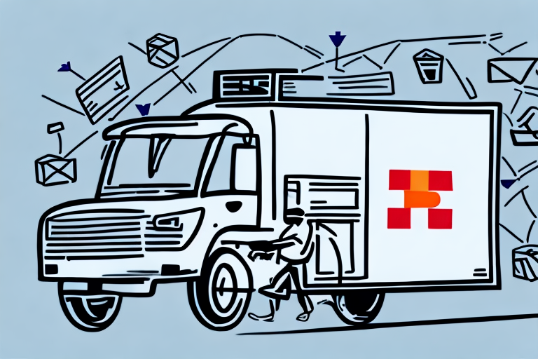Illustration of a FedEx Delivery truck with a red and orange logo, driving as envelopes and packages swirl in the air around it against a blue background.