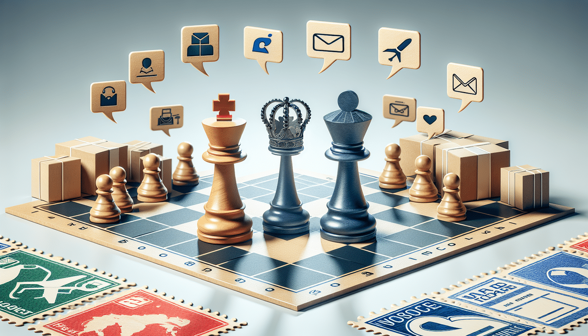 A stylized chessboard features a king and queen amidst digital icons like email and chat bubbles, with chess pieces and package boxes scattered around. Travel-themed stamps on the floor draw intriguing parallels, inviting a comparison between platforms like Stamps.com or Shippo.