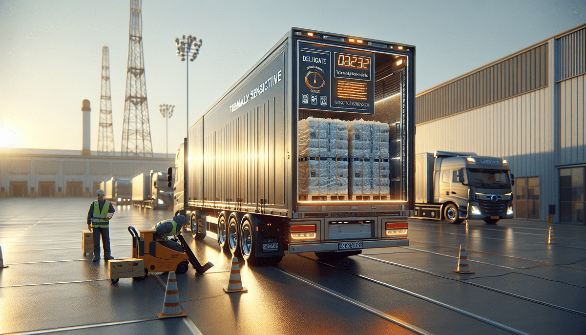 A bustling logistics center hums with activity as a truck loaded with temperature-sensitive items is carefully managed inside a sunlit warehouse. Workers in safety gear operate equipment, while cones and lights highlight ongoing operations, surrounded by parked UPS trucks.