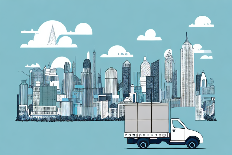 Illustration of a delivery truck driving in front of a city skyline, depicting the vital role of a courier against a backdrop of various skyscrapers and buildings under a blue sky with clouds.