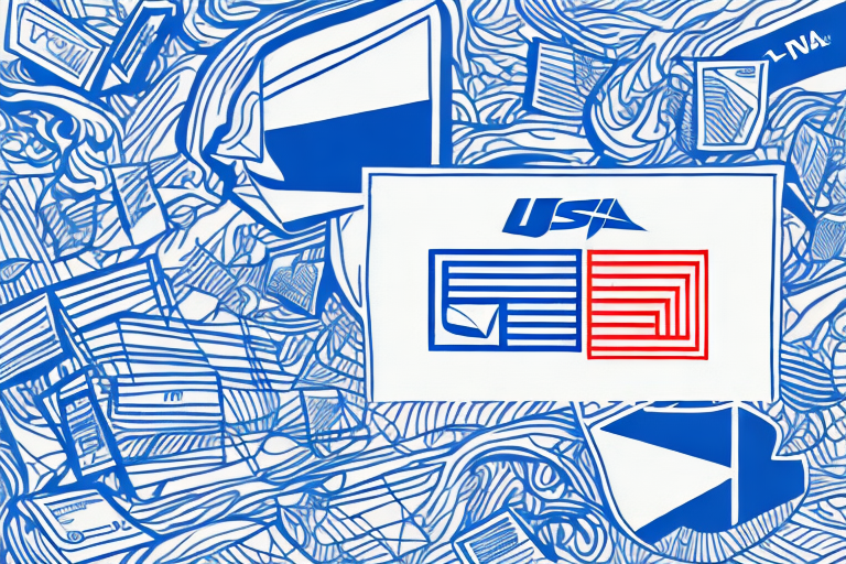 Illustration featuring abstract swirls of blue with scattered envelopes symbolizing USPS instructions. Central text in blue and red reads USA GO, designed with geometric lines and angles, echoing the precision of restricted delivery.