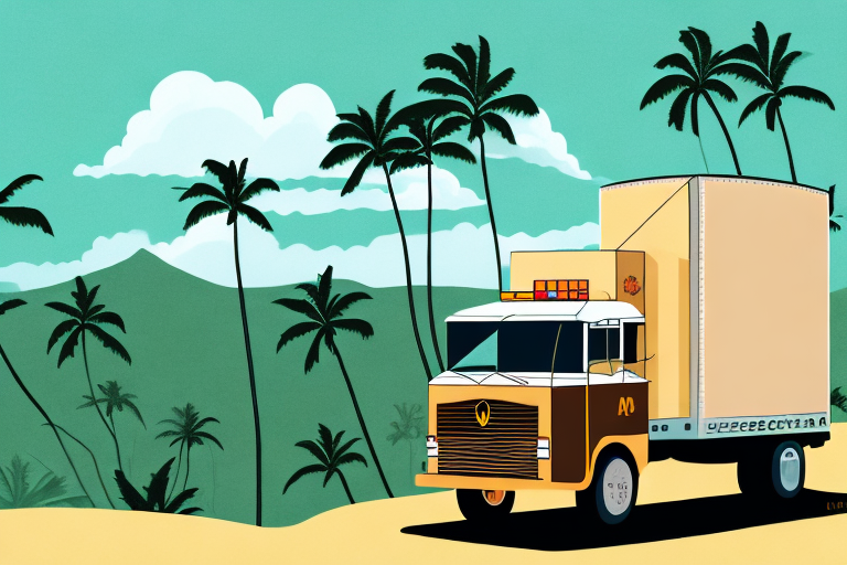 Illustration of a vintage truck driving on a sandy road with palm trees under a bright blue sky, reminiscent of UPS Hawaii. The background features green hills and fluffy white clouds, creating a tropical and nostalgic vibe that invites understanding of island shipping rates.