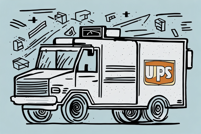 Illustration of a UPS delivery truck with a distinct logo on the side, reminiscent of UPS WorldShip operations. Boxes are scattered in the background, suggesting movement or transport. The drawing style is cartoonish with bold lines and a light blue background.