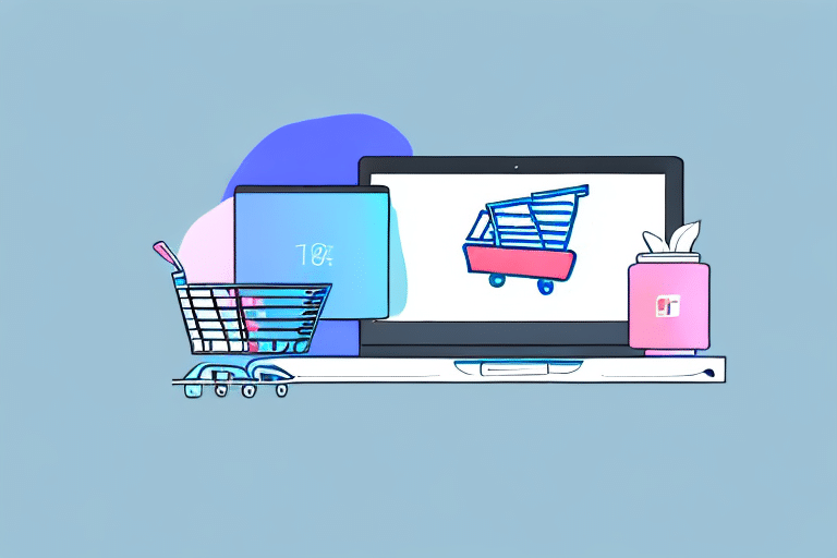 Illustration of online shopping: a laptop displaying a shopping cart icon, symbolizing the world of ecommerce, alongside a stylized tablet, pink cup with white lid, and a small shopping cart filled with items on a blue background. Perfect for aspiring Directors of Ecommerce seeking career advancement.