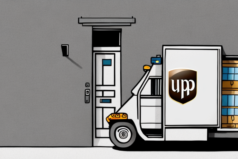 An illustration depicts a small delivery truck parked outside a modern building with a doorbell and keypad. The truck sports a delivery service logo, hinting at UPS Early AM Delivery, as it efficiently unloads packages. The setting exudes sleek minimalism and timely service.