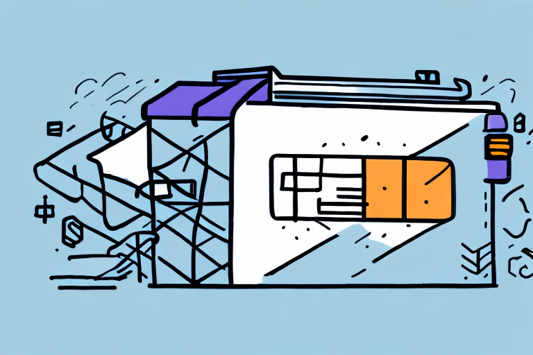 An abstract illustration of a futuristic building with geometric shapes and bold lines, resembling a sleek FedEx package. The structure features angular elements in blue, purple, and orange against a light blue background, evoking a stylized, modern cityscape.