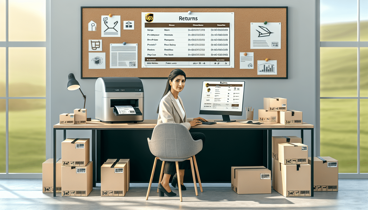 A woman sits at a desk in a modern office, surrounded by packed boxes. She is using her computer to create a UPS return label with UPS WorldShip. A corkboard with various notes and diagrams is on the wall, and a printer is on the desk. A bright window view is in the background.