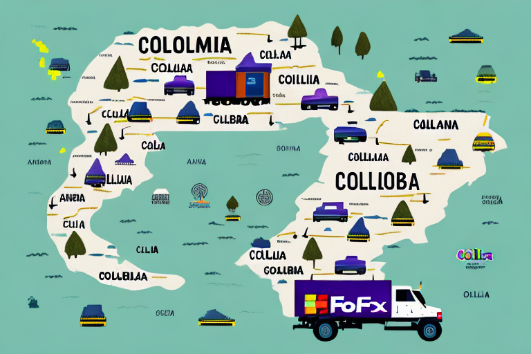 Illustrated map depicting a fictional region with unique place names such as Collomia, Collina, and Colloba. Amidst abstract trees and vehicles, a vibrant FoFx truck reminiscent of FedEx Shipping Rates is prominently displayed at the bottom.