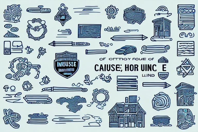 A collection of abstract doodles and symbols, featuring arrows, buildings, and shapes, arranged around text saying INDUUSE and other indistinct words. The blue ink artwork on a light background offers a whimsical take on what items cant be insured.