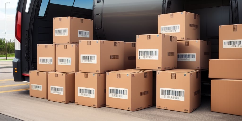 A stack of cardboard boxes with barcodes is piled next to the open cargo area of a vehicle, suggesting a UPS WorldShip delivery process. The scene is set outdoors in a paved area.