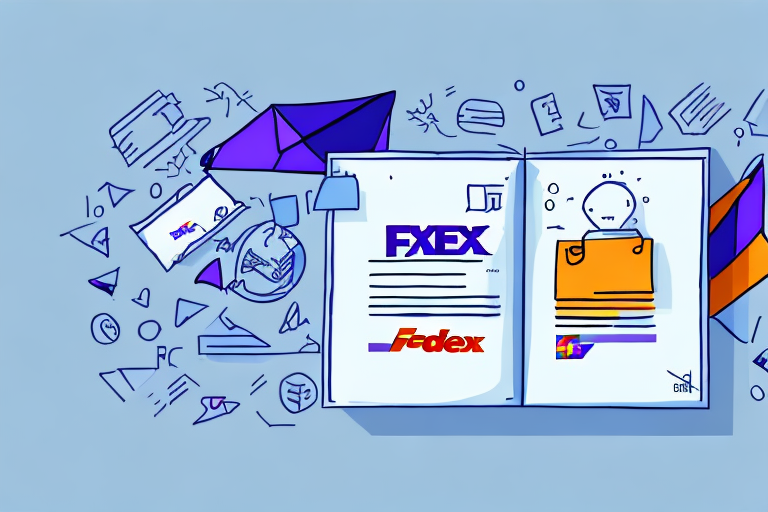 Illustration of two open folders displaying FedEx and FXEX logos, surrounded by symbols like envelopes, paper planes, and geometric shapes. The scene creatively conveys an understanding of FedEx Shipping and declared value limits, all set against a vibrant blue background.
