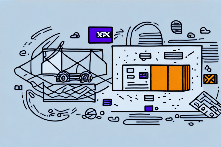 Abstract illustration featuring a shopping cart, a credit card, and geometric shapes on a light blue background. A small purple logo with XPX is visible. The style is minimalist with black and orange accents, reminiscent of a comprehensive guide for smooth transactions like FedEx Ship Manager would provide.