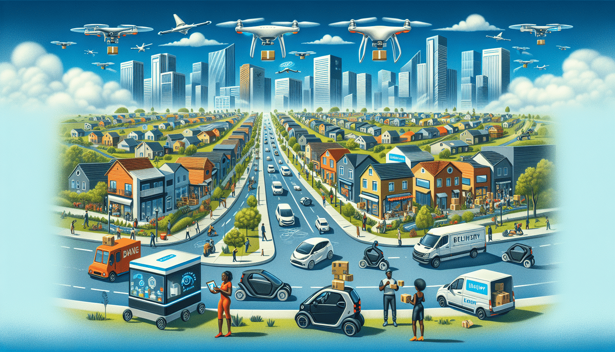 In this futuristic cityscape, drones and robots power last-mile delivery, ensuring e-commerce thrives in a bustling suburban area. High-rise buildings contrast with colorful houses along the wide streets, where electric vehicles zip past cyclists and pedestrians.