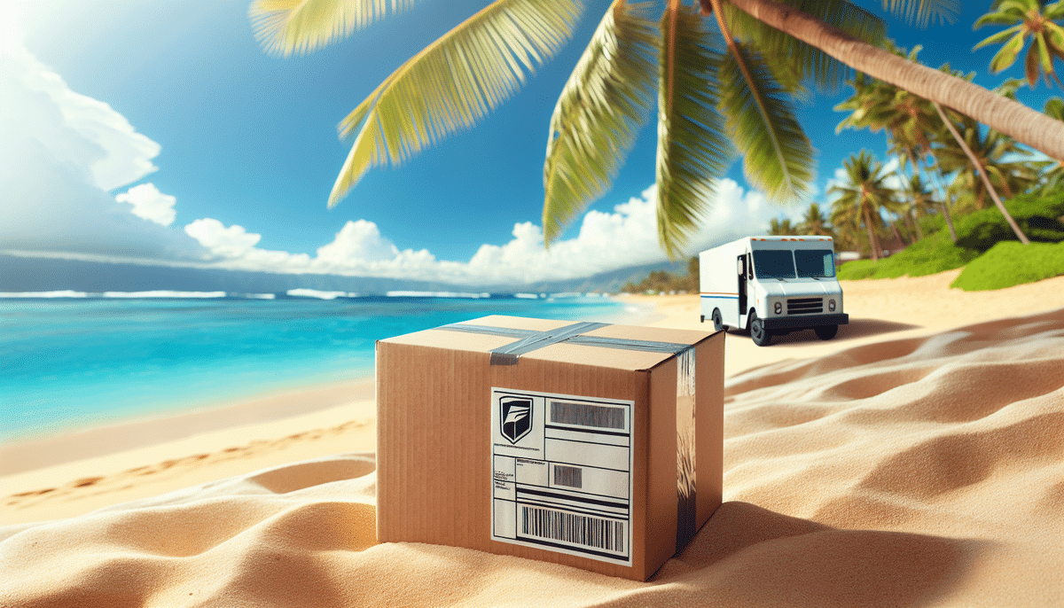 A cardboard package rests on a sandy beach with palm trees, ready for FedEx SmartPost. A delivery truck is parked nearby under the clear blue sky. The ocean sparkles in the background, creating a serene tropical setting perfect for any Ship to Hawaii adventure.