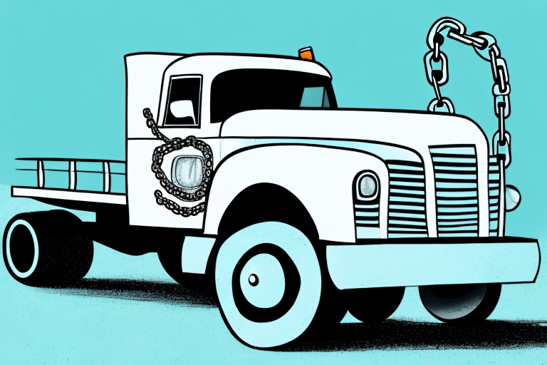 Illustration of a retro-style white tow truck with large wheels and chains on the side, set against a light blue background. Emphasizing its role in preventing truck abandonment, the sturdy vintage design includes an orange light on top to enhance visibility.