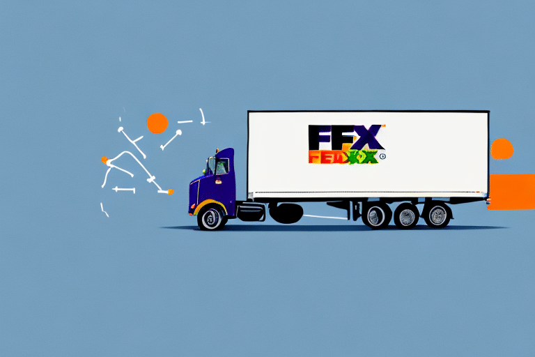 Illustration of a FedEx truck in motion, showcasing a colorful logo on its side. The plain blue sky and abstract lines evoke a sense of movement and efficiency, symbolizing how Connect FedEx can seamlessly manage eCommerce logistics.
