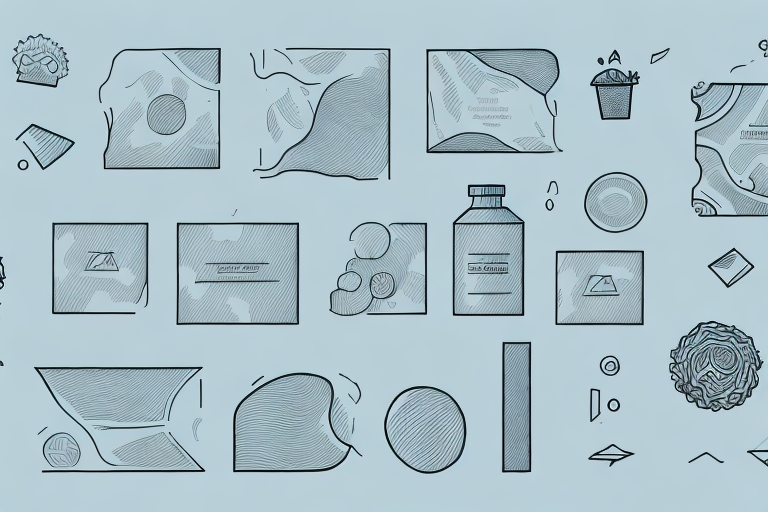 A light blue background showcases a collection of abstract medical-themed illustrations, including biodegradable packaging materials like medication bottles and blister packs. The minimalistic style with line art detailing highlights the benefits of eco-friendly solutions in healthcare.