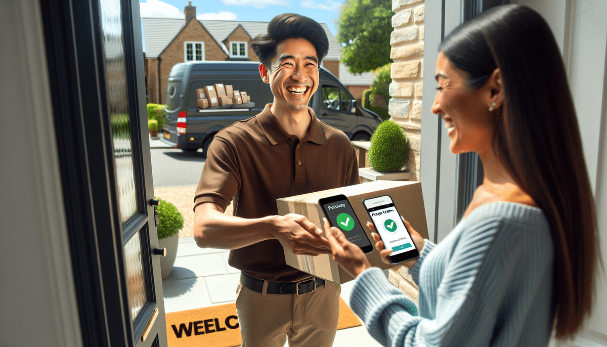 A UPS delivery person hands a package to a smiling woman at her doorstep. Both are holding smartphones displaying provided delivery confirmation screens with check marks. A delivery van is parked in the background on a sunny day.